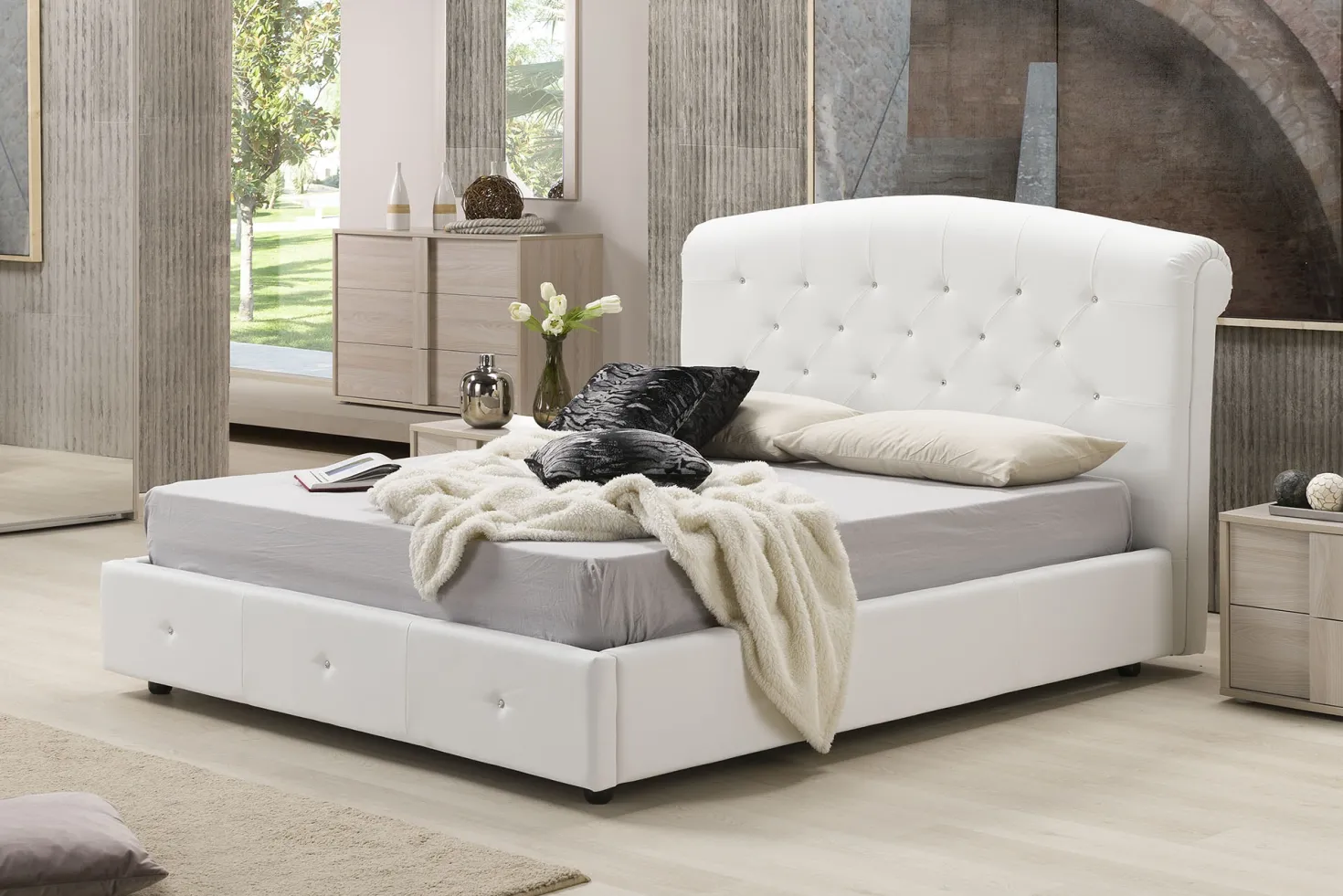 Letto contenitore Vittoria in similpelle bianco